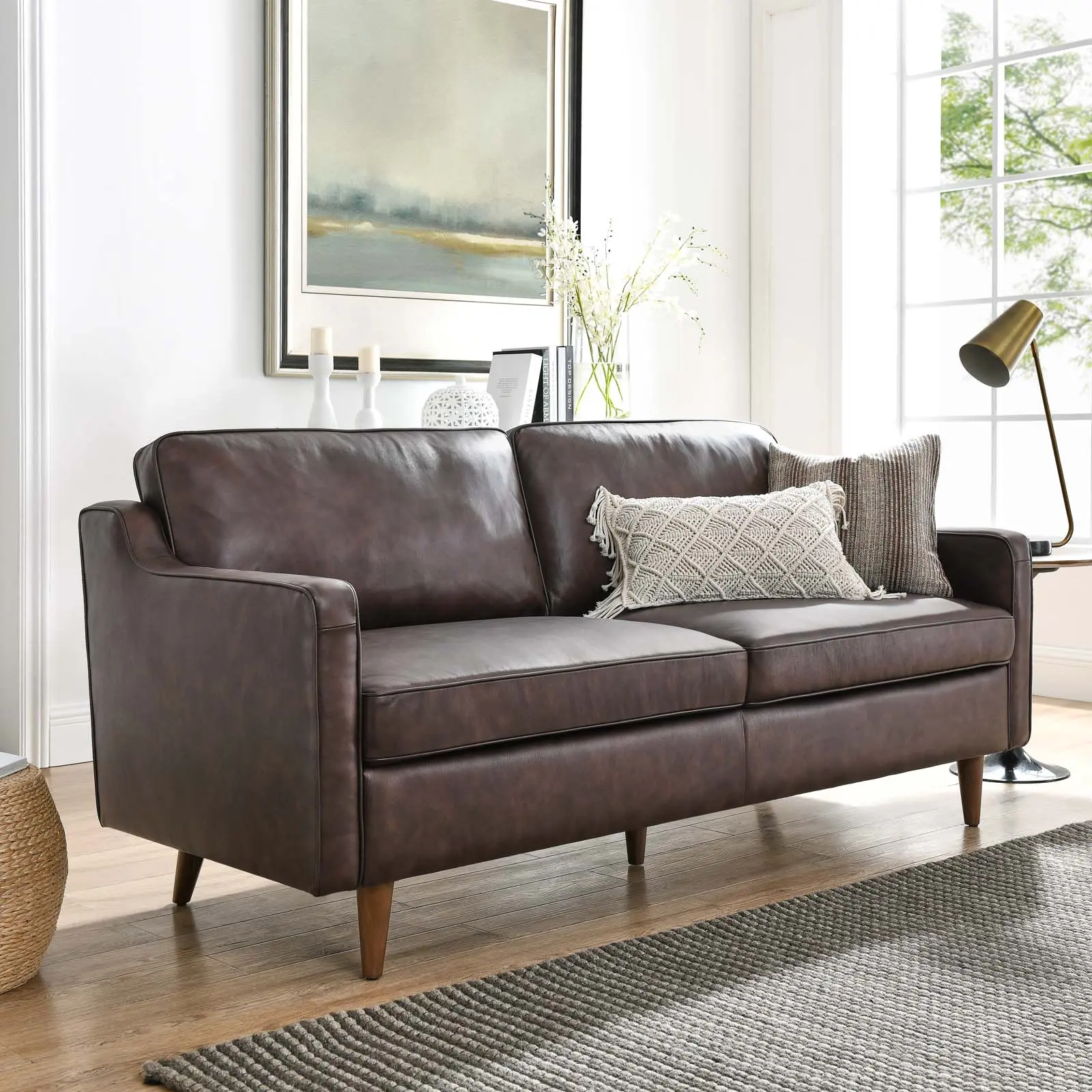 Modway Impart Modern Upholstered Sofa - 2-Seater 100% Leather Midcentury Modern Minimal Chic Indoor Furniture, Auburn Brown Easy Setup Piece for Living Room, Home Office, Entryway, Spring Coils