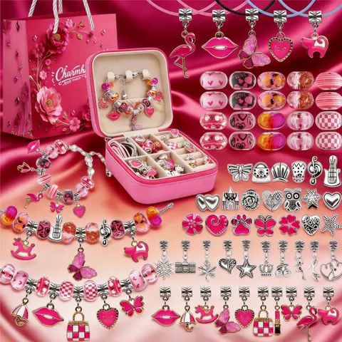 2026New Valentine's Day Limited Edition Handmade Jewelry 68Pcs Charm Bracelet Making Kit Rose Jewelry Box Pink Beads Bracelet for Women Birthday Valentine's Day Date Special Holiday Jewelry Supplies Gift Set Valentines Art Crafts Toy Gifts for Gf