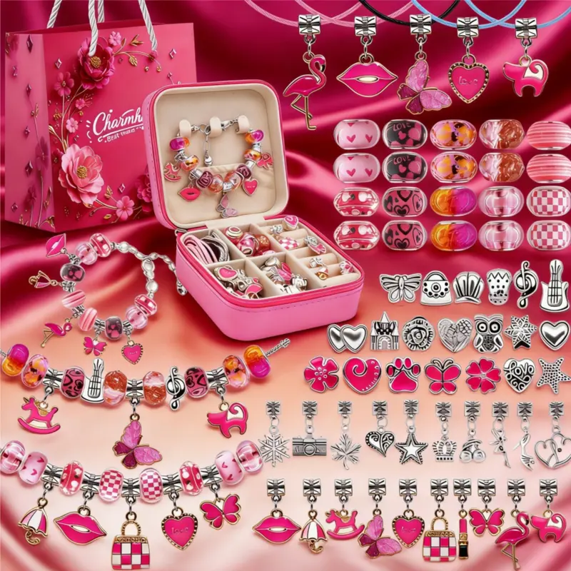 2026New Valentine's Day Limited Edition Handmade Jewelry 68Pcs Charm Bracelet Making Kit Rose Jewelry Box Pink Beads Bracelet for Women Birthday Valentine's Day Date Special Holiday Jewelry Supplies Gift Set Valentines Art Crafts Toy Gifts for Gf