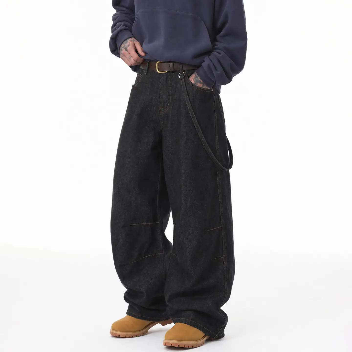 Spring/Autumn men’s black workwear wide-leg jeans with exposed seams; retro high-waisted, drapey floor-length straight-leg jeans; loose street style stacked denim jeans with removable straps, washed finish.