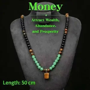 Virelyn B Money Attraction Necklace With GreenAventurine & Tiger Eye Pendant Healing Crystal Stone ，Anniversary, Vacation &Theme Parties Jewelry Charms Abundance Crystal bracelet，Long Chain，Sweater chain，Ideal Gift Jewelry for Men and Women