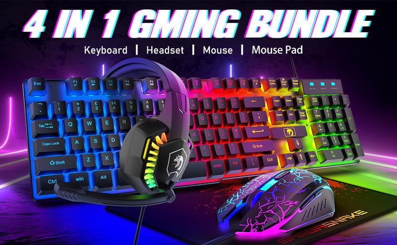 ZIYOU LANG x 	MANBASNAKE Wired Gaming Keyboard and Mouse Headset Combo,Rainbow LED Backlit Wired Keyboard,Over Ear Headphone with Mic,Rainbow Backlit Gaming Mice,Mouse Pad,for PC,Laptop,Mac,PS4,Xbox wired mechanical keyboard boyfriend gift black friday
