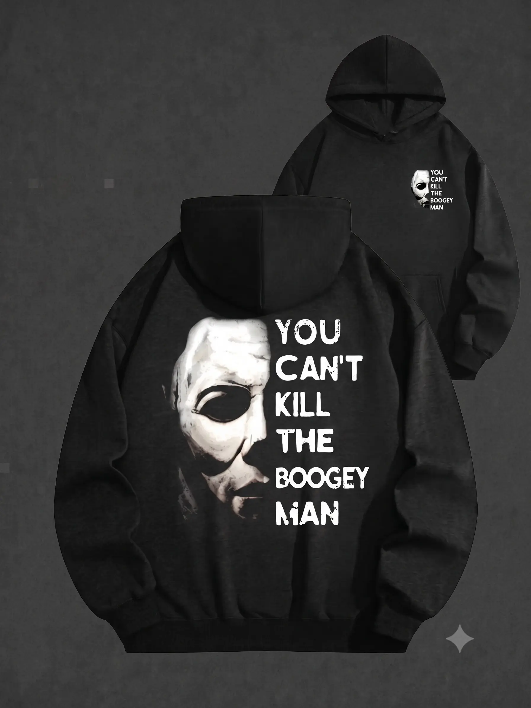 Men's Cotton Pullover Hoodie - Michael Myers Halloween Horror Mask Design, Jason Voorhees-Inspired "You Can't Kill The Bogey" Top, Horror Fan Apparel by KitchenEra Menswear Sweatshirts