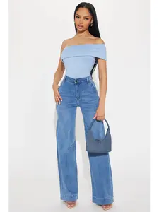 Margot Stretch Trouser Jeans - Medium Wash, Regular 33" Inseam, Wide Leg, High Rise, 51% Cotton, 34% Viscose, 14% Polyester, 1% Spandex