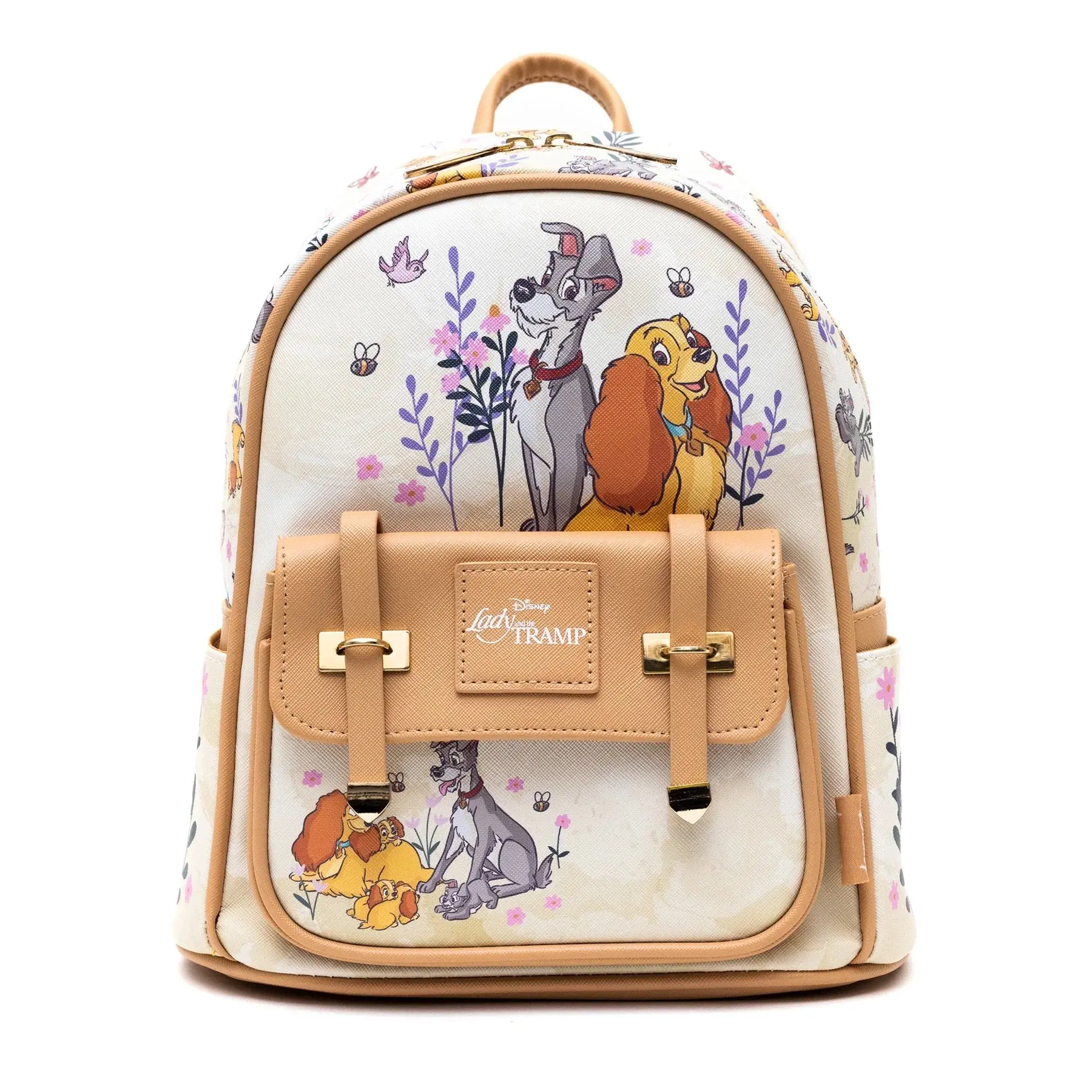 WondaPop Disney Pastel Lady and the Tramp Faux Leather Mini Backpack - Cute Daypacks for Adults, Casual Basic Bag with Adjustable Strap, Magnetic Closure, Graphic Print, 11"h x 8.5"w x 4"d, Hand Wash Only, Adorable Springtime Vibe for Campus Daily Use