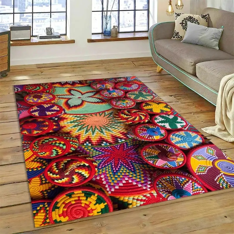 Colorful Crochet Mandala Flannel Area Rug, Home Decorative Rug - Boho Ethnic Woven Pattern Soft Mat for Living Room, Non-Slip Home Decor, Bohemian Style Rugs