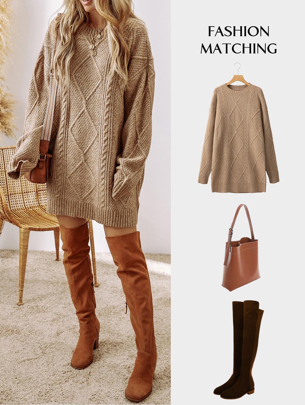 Asvivid 2026 Spring Clothes For Women Cable Knit Dresses Drop Shoulder Casual Loose Fit Long Sleeve Sweater Dress for Autumn/Winter Knitwear