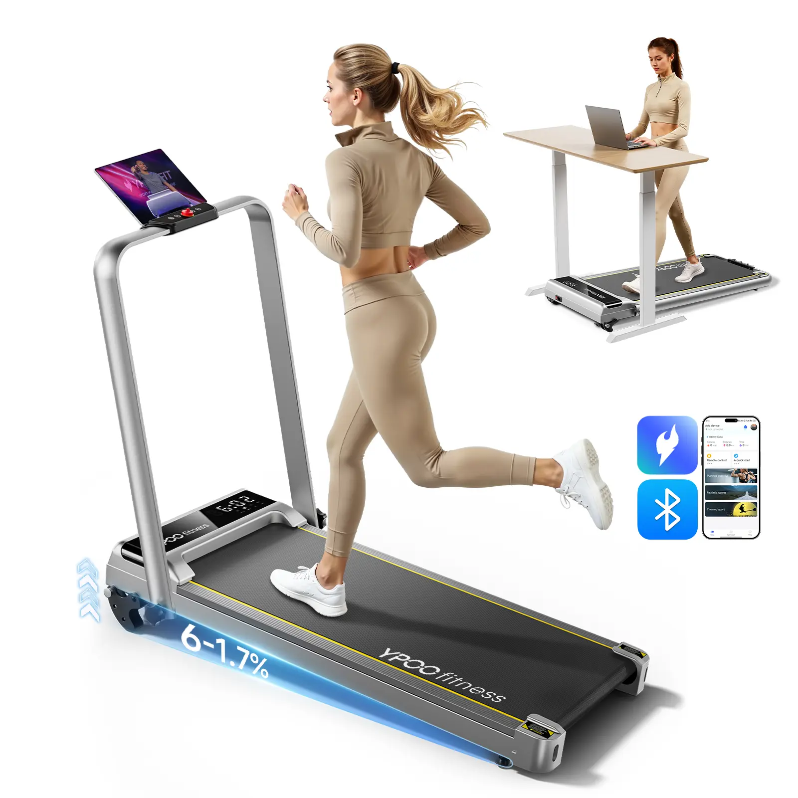 YPOO Fitness Walking Pad Treadmill with 12 Percent Incline and 3.5HP Motor for Home Office Under Desk Use 400lb Capacity