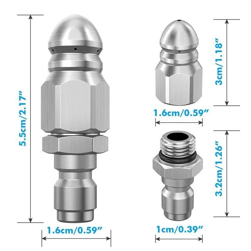Stainless Steel High-Pressure Sewer Jetting Nozzle – “Mouse Head” Design with 1 Front + 6 Rear Jets, 1/4" Quick Connect Drain Cleaning Nozzle