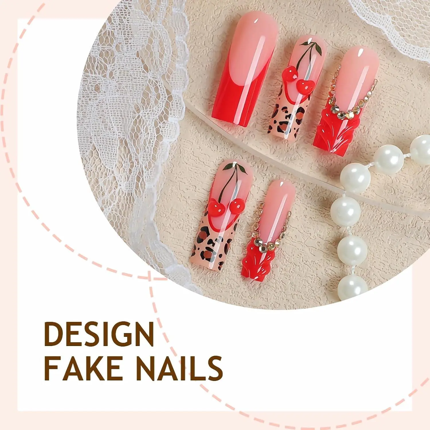 Press on False Nails Red Fake Nails Cheetah Fall French Tip, 3D Cherry Acrylic Handmade Glue on with Rhinestone Charm Luxury 24Pcs Manicure Full Cover Gel Nail for Women Girls BABALAL