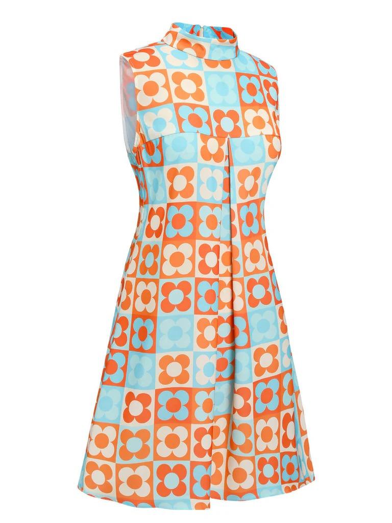 ORANGE & BLUE 1960S FLORAL STAND COLLAR DRESS Bohemian Summer Outfit Casual Everyday Wear