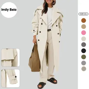 Imily Bela Womens Oversized Long Trench Coat Double Breasted Lapel Windproof Overcoat with Belt