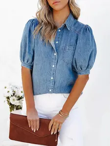 Puff Sleeve Button-Down Denim Style Top