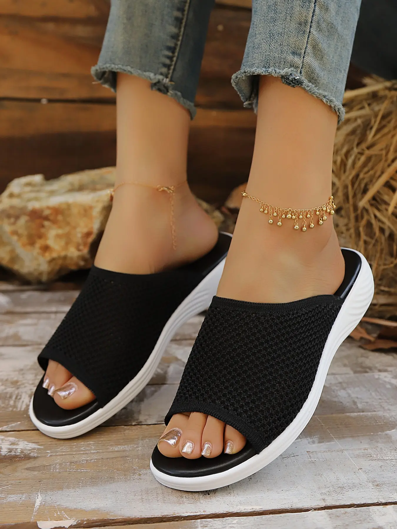 Breathable Flyknit Mesh Slippers, Soft Elastic Thick Sole Anti-Slip, Large Size Women's Casual Slip-On Shoes, Fashion Style, Slide, Soft Cushioned Slippers, Sliders Shoes, Trendy Casual Slippers, Summer Slippers