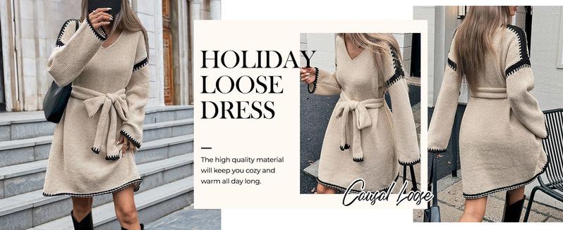 CHARTOU Causal Loose Straight Fit Sweater Dress for Women Fall 2025 Outfit Contrast Jumper Knit Sweater with Belt