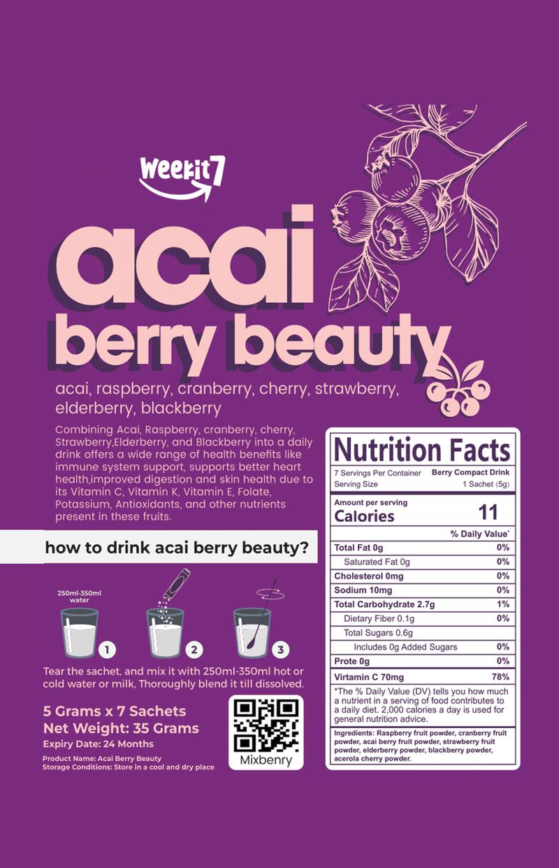 Weekit7 Acai Berry Beauty Powder Drink - 7 Kinds of Mixed Berries - Organic Antioxidant Superfood Boost Support Vitamins Beauty Supplement Fitness Low Calorie Dietary - Edible Healthcare
