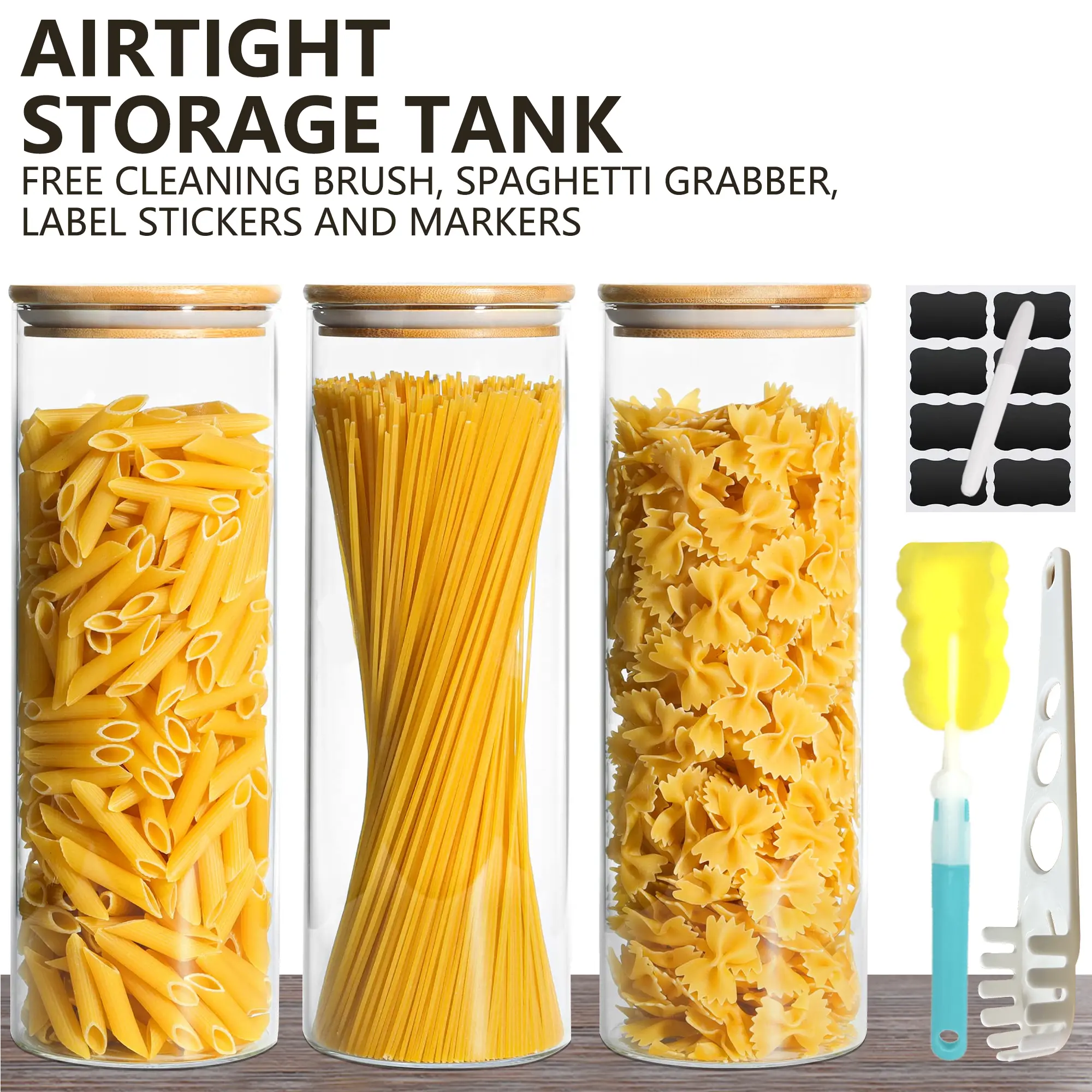 3pcs 2.2L (74oz) Anti-Leak Sealed Glass Cylindrical Jars Set - Kitchen Utensils with Lid, Sticky Notes, Cleaning Brush, Pasta Spoon; Transparent Dustproof Food Storage Containers for Canned Cereals (2000ml+)