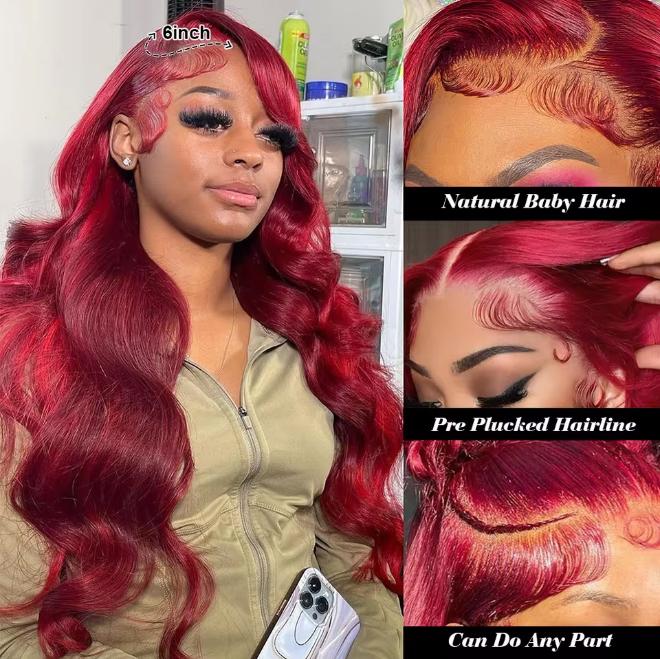 Bling Hair Burgundy 13x6 HD Lace Frontal Human Hair Wig Red Colored Lace Front Human Hair Wigs Body Wave Human Hair Wigs Pre Plucked 180%