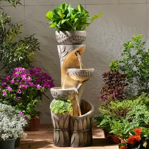 4 Tiered Water Fountain Outdoor, 35.6" Tall Cascading Bowl Leaf Carved Outdoor Waterfall Fountains Modern Water Feature with Dual Planters for Garden, Patio,Deck, Yard, Indoor Decor Outdoor Garden Fountain