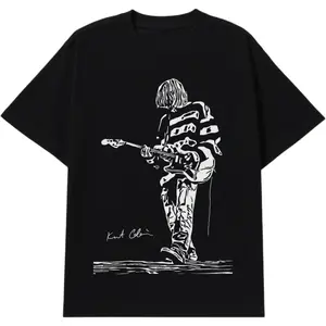 Grunge Rock Graphic Tee for Men – Vintage 90s Oversized T-Shirt with Guitar Player Sketch for Streetwear & Fall Outfits Black Casual.......
