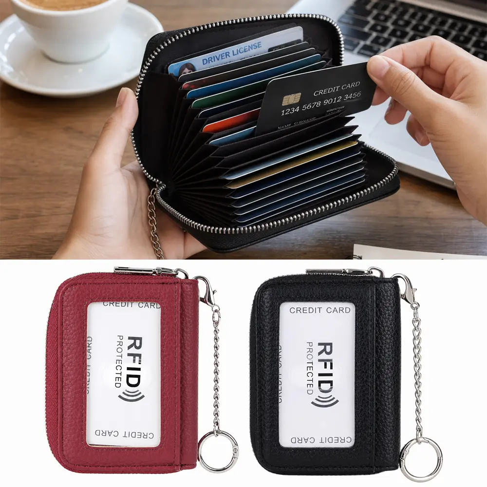 2PCS Credit Card Holder Wallet RFID Leather Small Wallet for Women Zipper Wallet with ID Window Keychain & Double Zipper, Water-resistan Small Wallet