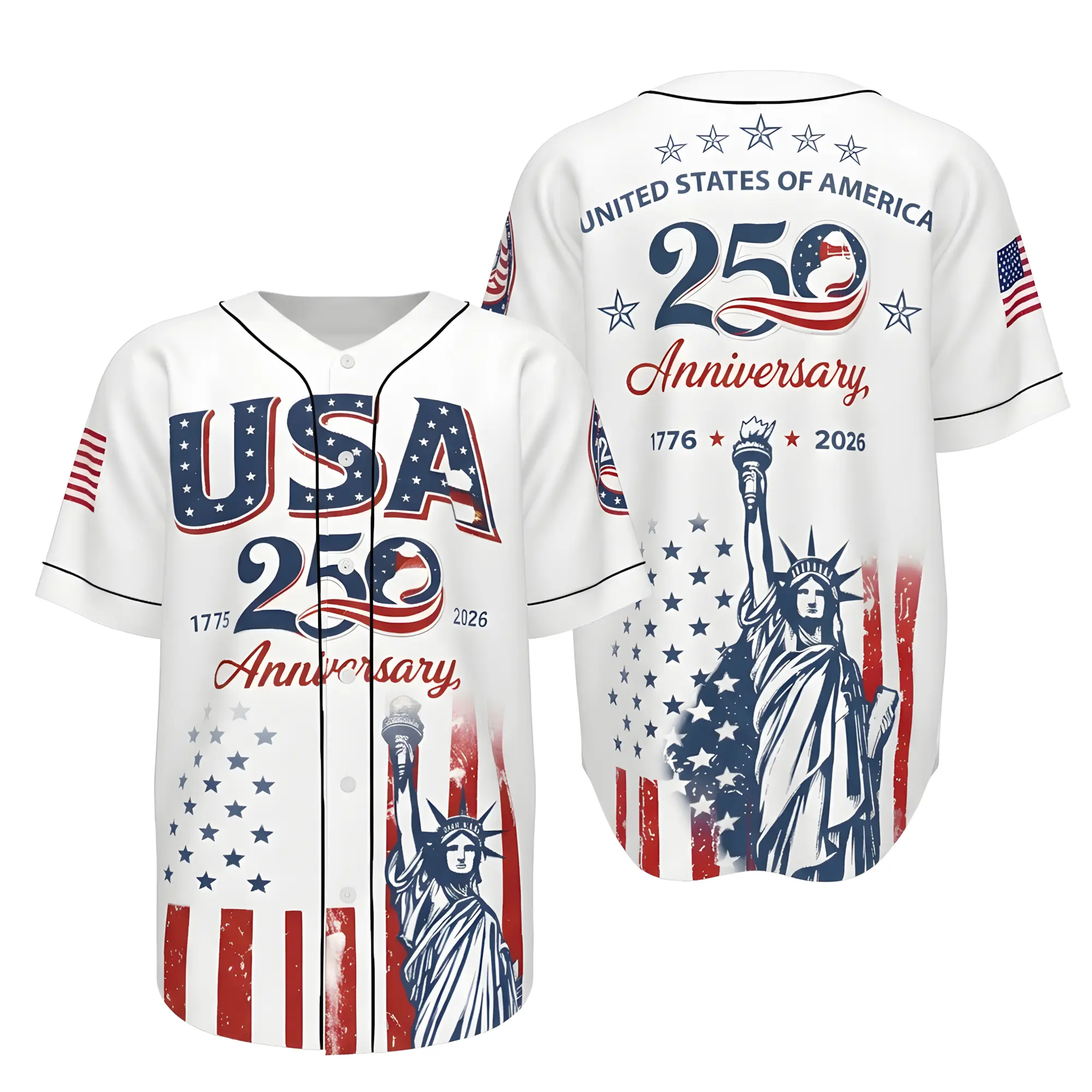 USA 250th Anniversary Baseball Jersey, Patriotic Statue of Liberty Print Shirt, Unisex Independence Day 4th of July Outfit, 1776–2026 Semiquincentennial Patriotic Jersey, Gift
