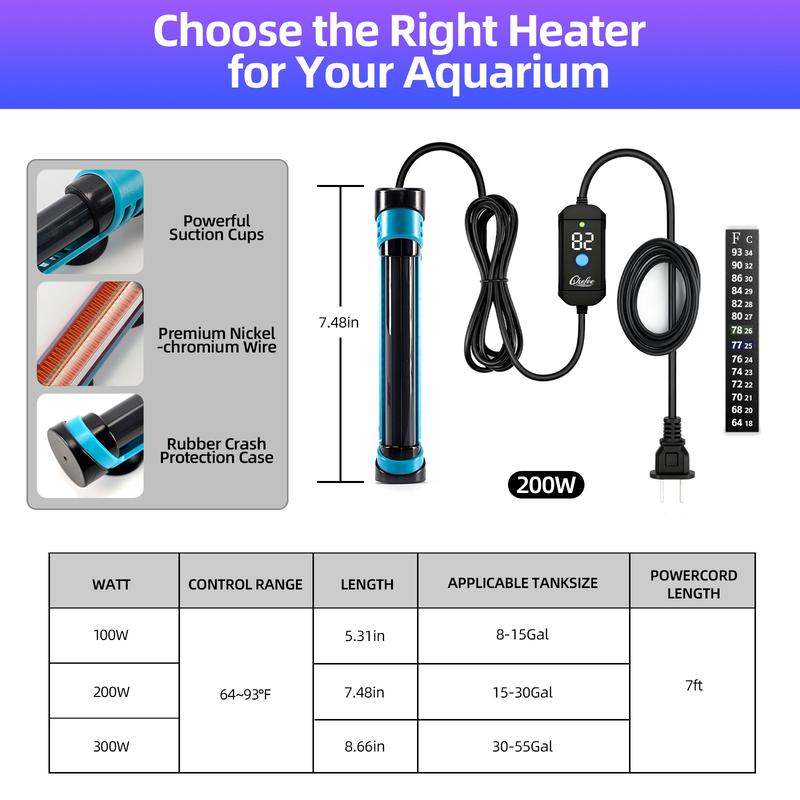 Chefoo 200W Submersible Aquarium Heater Adjustable Fish Tank Heater with Digital Display External Controller Overheat Protection & Free Thermometer for 10-30 Gallons Freshwater Saltwater Tank