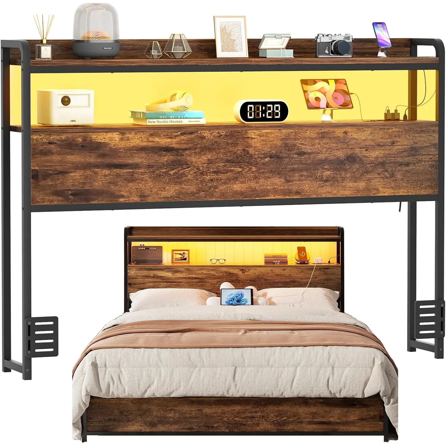 Cyclysio Rustic Brown Wood Headboard - Multi-Size, Built-In Outlets, USB Port, Color-Changing LED Lights, Height-Adjustable, Sturdy, Storage Shelves, App-Remote Control, Ideal for Modern Bedroom Bed Frames, Watch Party Ready Cubby Headboards