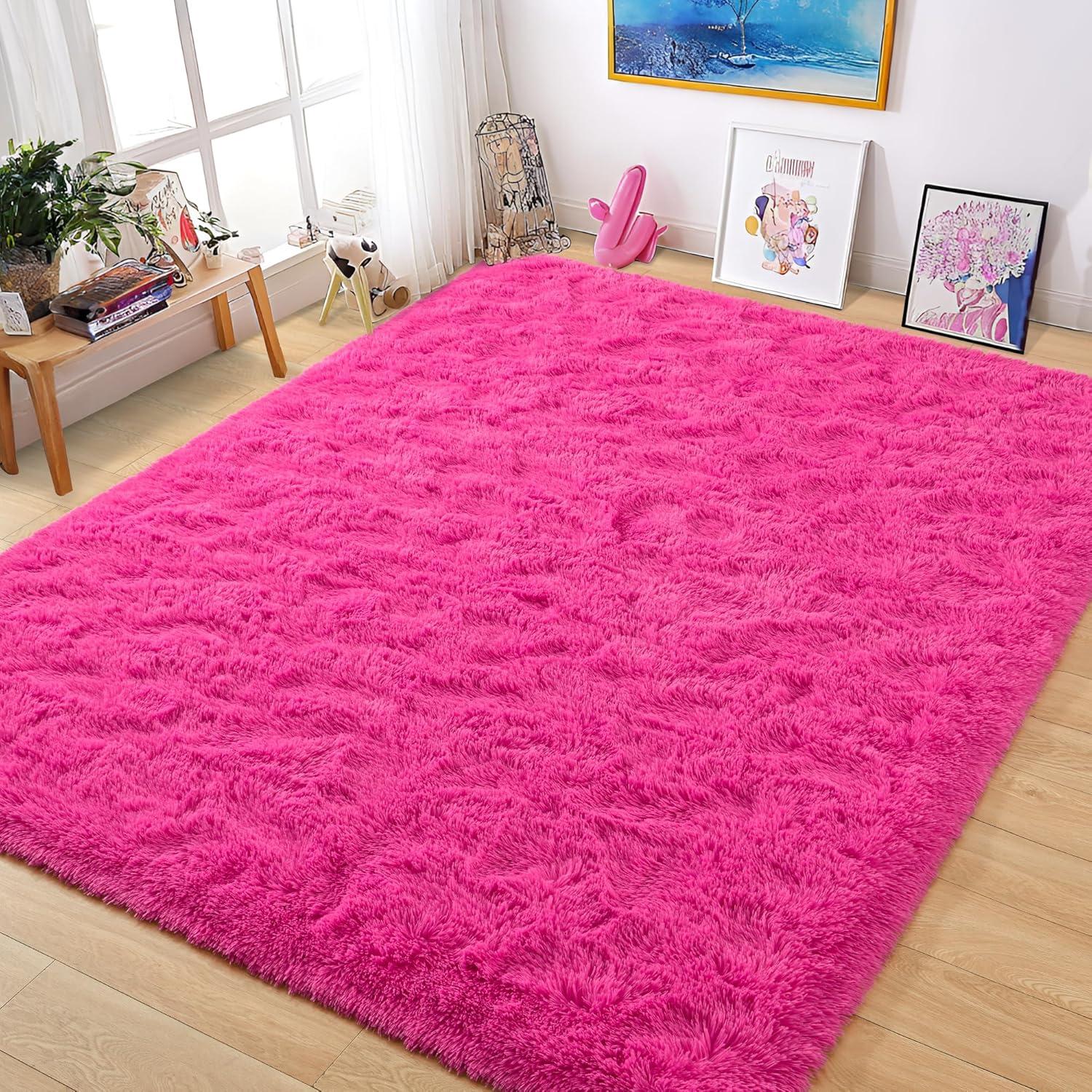 Hot Pink Soft Fluffy Area Rug For Living Room Bedroom, Plush Shag Rugs, Fuzzy Shaggy Accent Carpets For Kids Girls Rooms, Modern Apartment Nursery Dorm Indoor Furry Decor