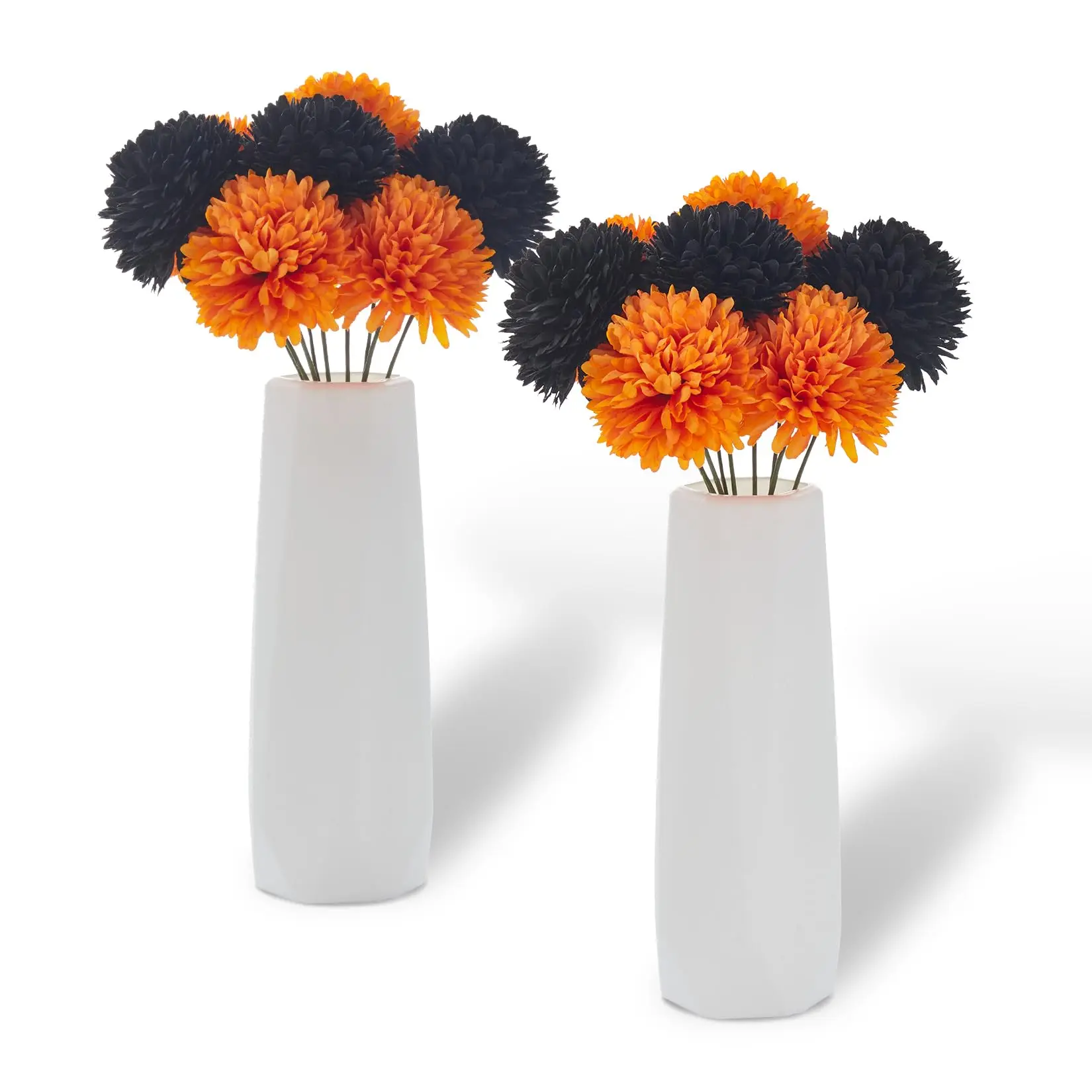 GAOMON Elegant Black-Orange Silk Chrysanthemum Floral Bouquet with 2 White Vases - Gothic Wedding, Halloween, Thanksgiving Holiday Decorative Table Centerpiece