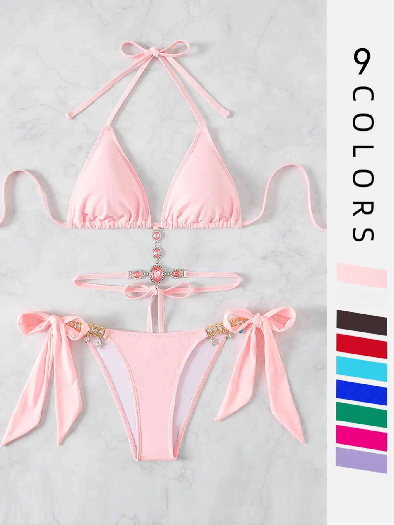 Women's Halter Tie Back Triangle Bra & Ring Linked Panty Bikini Set, Sexy Trendy Summer Swimsuit Set, Ladies Swimwear Rave Outfits, Fitted Triangle Swimwear, Swimsuit Two Piece, Summer Bikini Beach