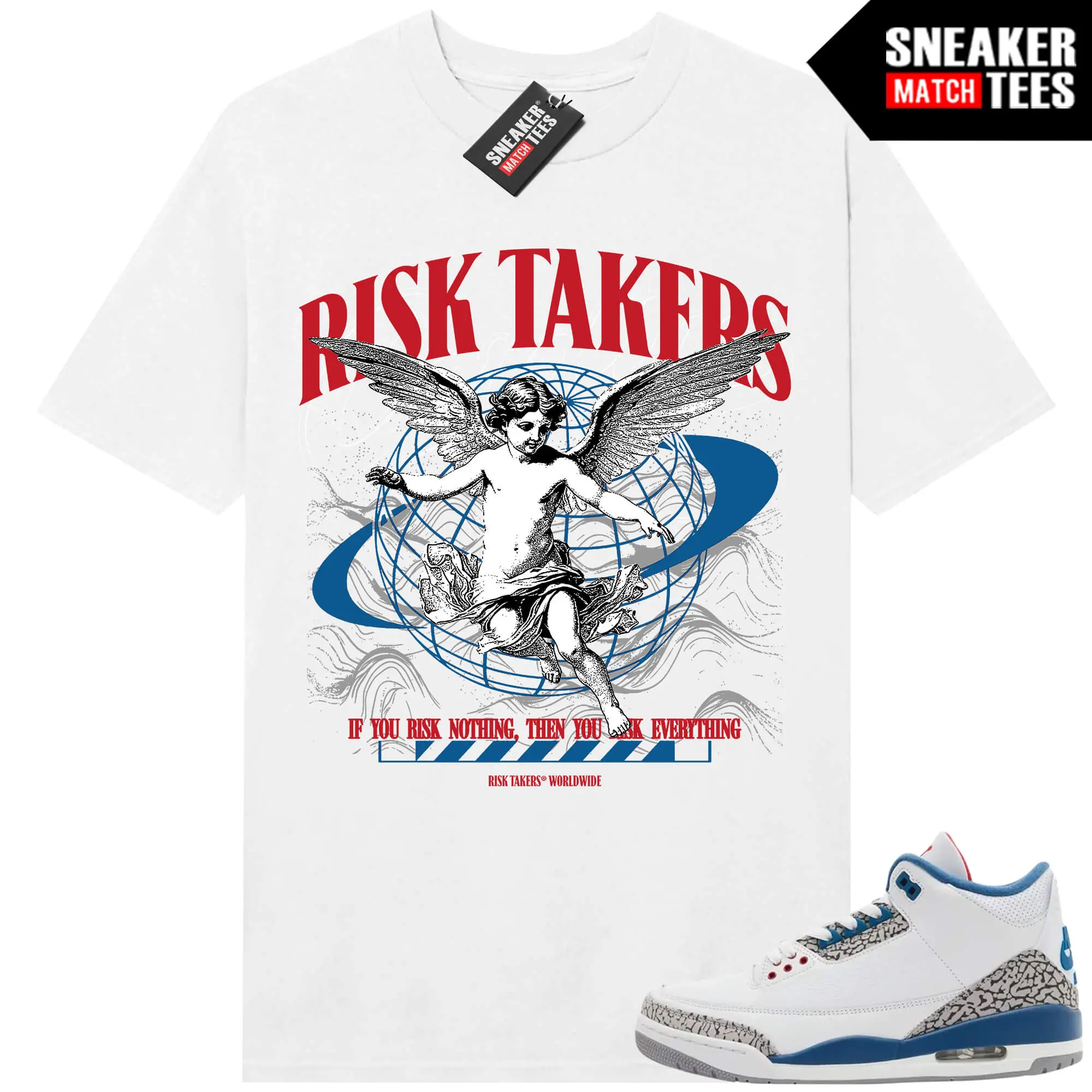 True Blue 3 AJ3 Sneaker Match Tees White Risktakers Worldwide Graphic Shirt Menswear Unisex
