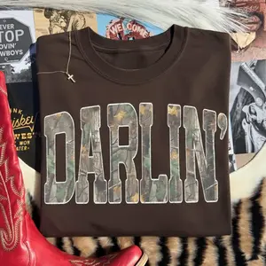 Retro Darlin' Camo Western Shirt, western clothing, western tops, western cowgirl stuff, punchy western wear, western outfits for women, country girl stuff clothing, graphic tees women, sweatshirts for women, western for women country girl clothes