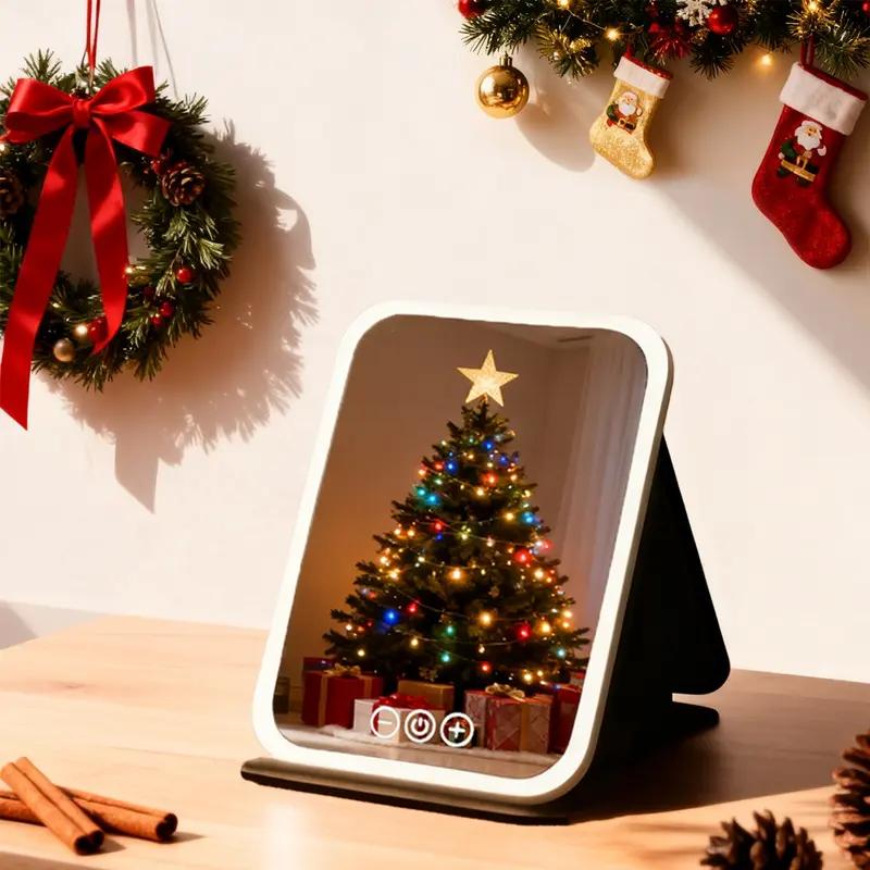 Makeup Mirror with Lights, USB Rechargeable Vanity Mirror with Stand, 3 Color LED Lighting Dimmable Brightness Adjustable Angle Compact Mirror, Foldable Cosmetic Mirror, Portable Travel Makeup Mirror, Birthday Anniversary Gift for Women