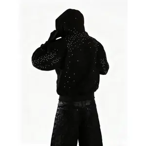 Streetwear Rhinestone Hoodie Not Luck Just Pray Graphic Zip-Up Jacket Soft Fabric Long Sleeve Menswear Casual Athletic Oversized Crewneck Jeans-Matching Pullover Classic Loose Fit Top