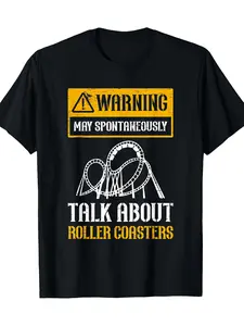 Roller Coaster Warning T-Shirt - 100% Black with Yellow Thrill Ride Graphic, Casual Short Sleeve Tee for Amusement Park Fans & coaster Enthusiasts, Machine Washable Roller Coaster Lover Shirt