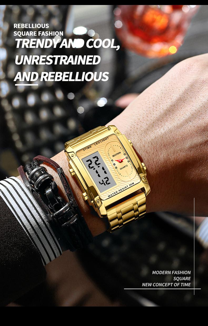 men's square creative dual-movement multifunctional sports watch, featuring a luxurious triple-time design, water resistance, luminous dial, ​Exuding a minimalist aesthetic, it is elegant, durable, and the perfect choice for everyday wear.​​ digital quart