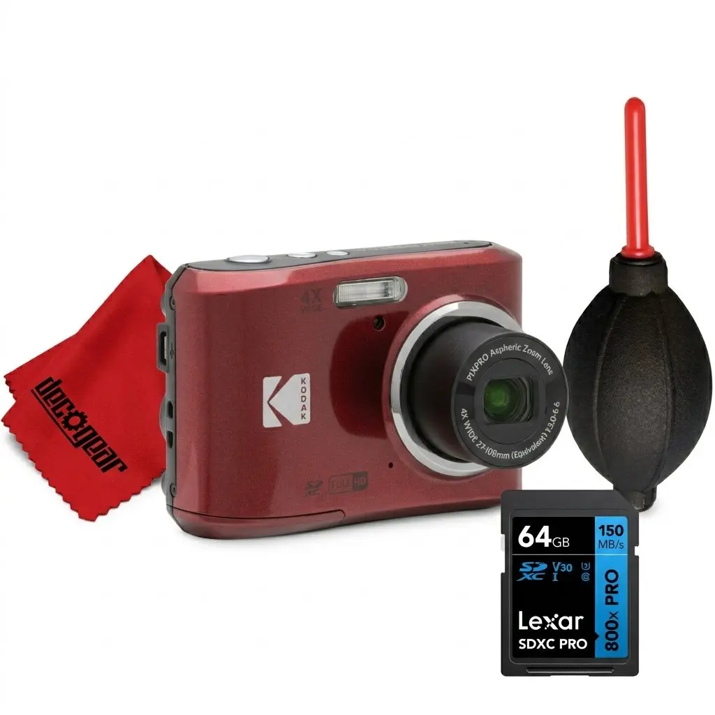 Kodak PIXPRO FZ45 16MP Digital Camera, Red, Beginner Bundle with Lexar 64GB Memory Card