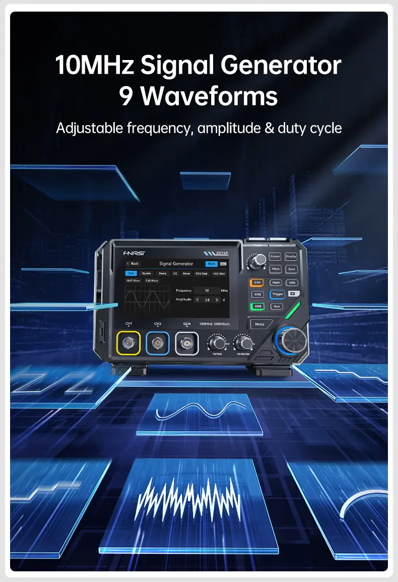 FNIRSI 2D15P Handheld Oscilloscope Multimeter - 3-in-1 Digital 2CH Automotive Tool with 100MHz Bandwidth, 500MS/s Sampling, 19,999 TRMS Counts, 10MHz DDS Signal Generator, 4.3 Touch Screen, 128-Level Grayscale Display, 6 Math Operations, Built-in Cells