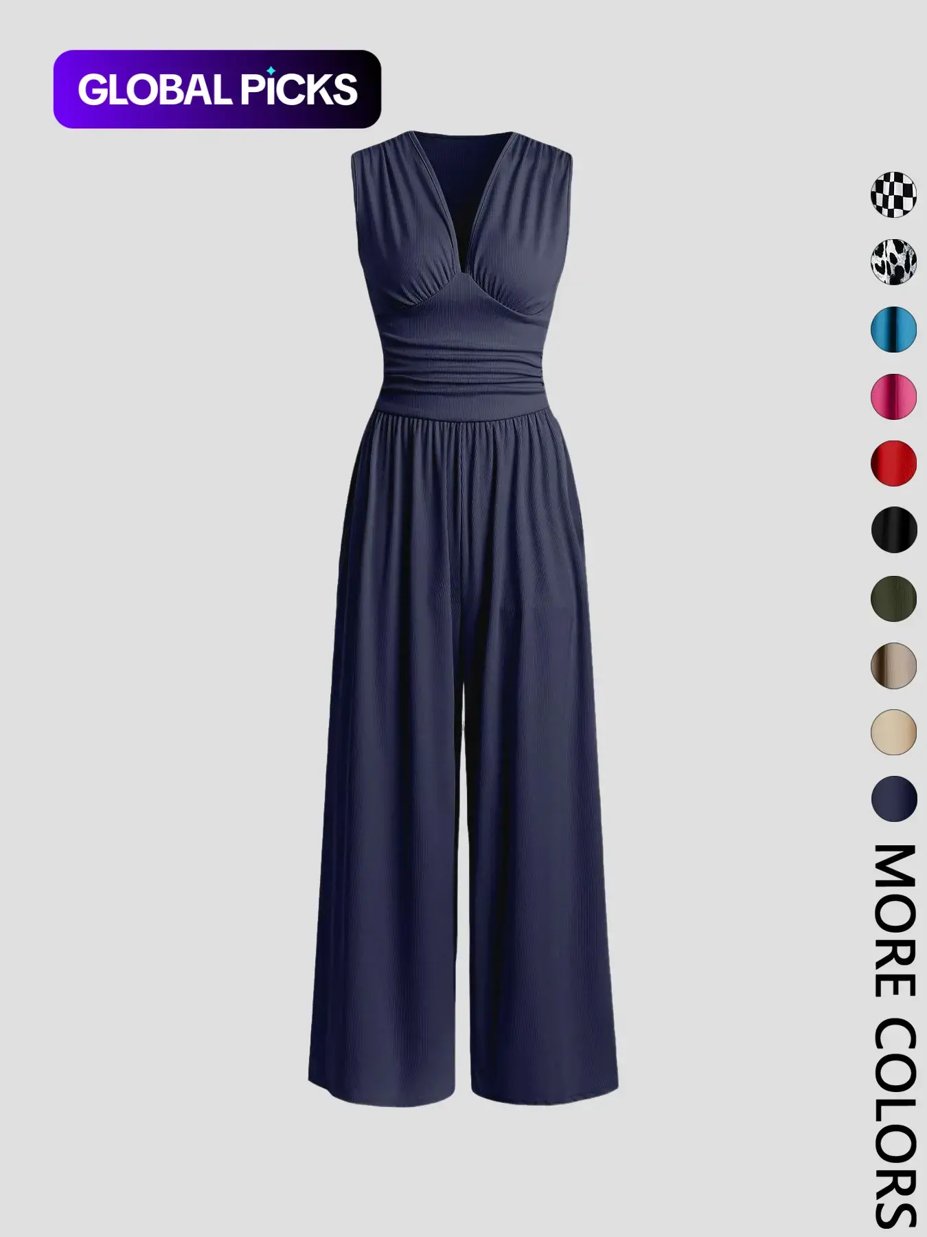 Women's Plain Ruched Deep V Neck Jumpsuit, Elegant Sleeveless Wide Leg Jumpsuit for Summer, Ladies Clothes for Beach Holiday Vacation Style