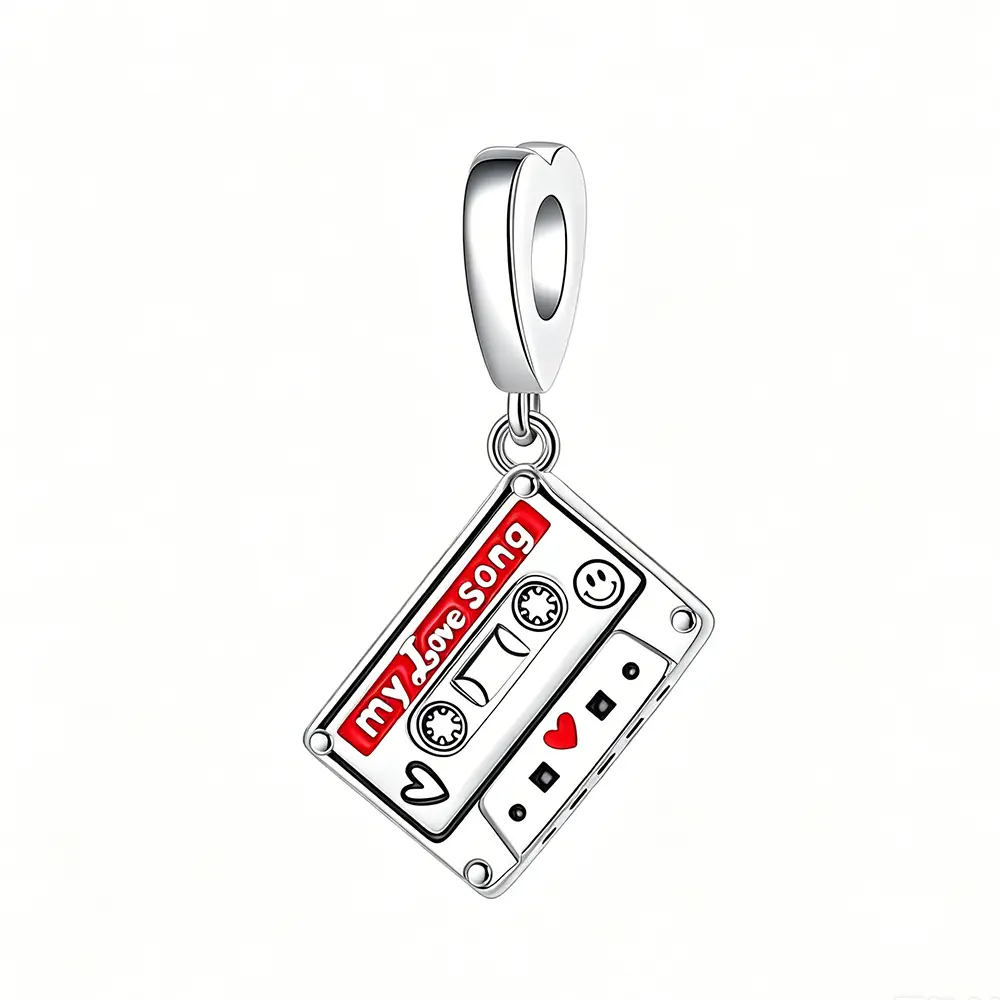 Vintage cassette tape love charm in 925 sterling silver, red enamel heart, “My Love Song” detail for European-style bracelets, 90s nostalgia and Valentine’s gifts, silver and red