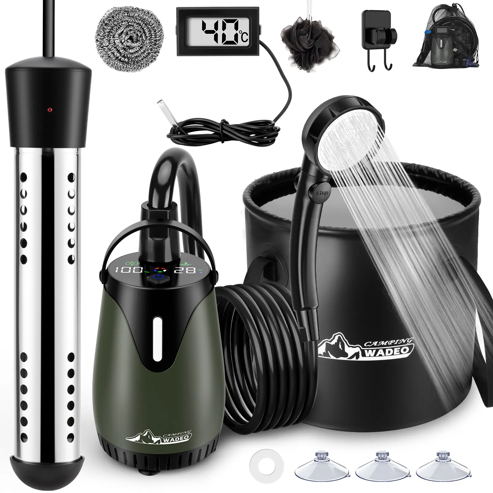 Upgraded Portable Shower for Camping with Heater, Rechargeable Camping Shower with Intelligent LED Display, 5 Gal Foldable Bucket, 4 Spray Modes, Portable Shower for Travel, Pet Bath, Car Washing