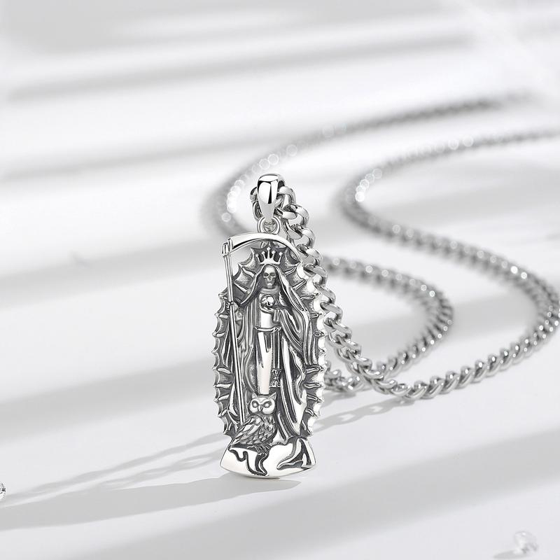 Eudora S925 Sliver Santa Muerte Necklace, Silver Grim Reaper Pendant, Mexican Saint Medallion,  Memento Mori Amulet, Protective Sigils Jewelry