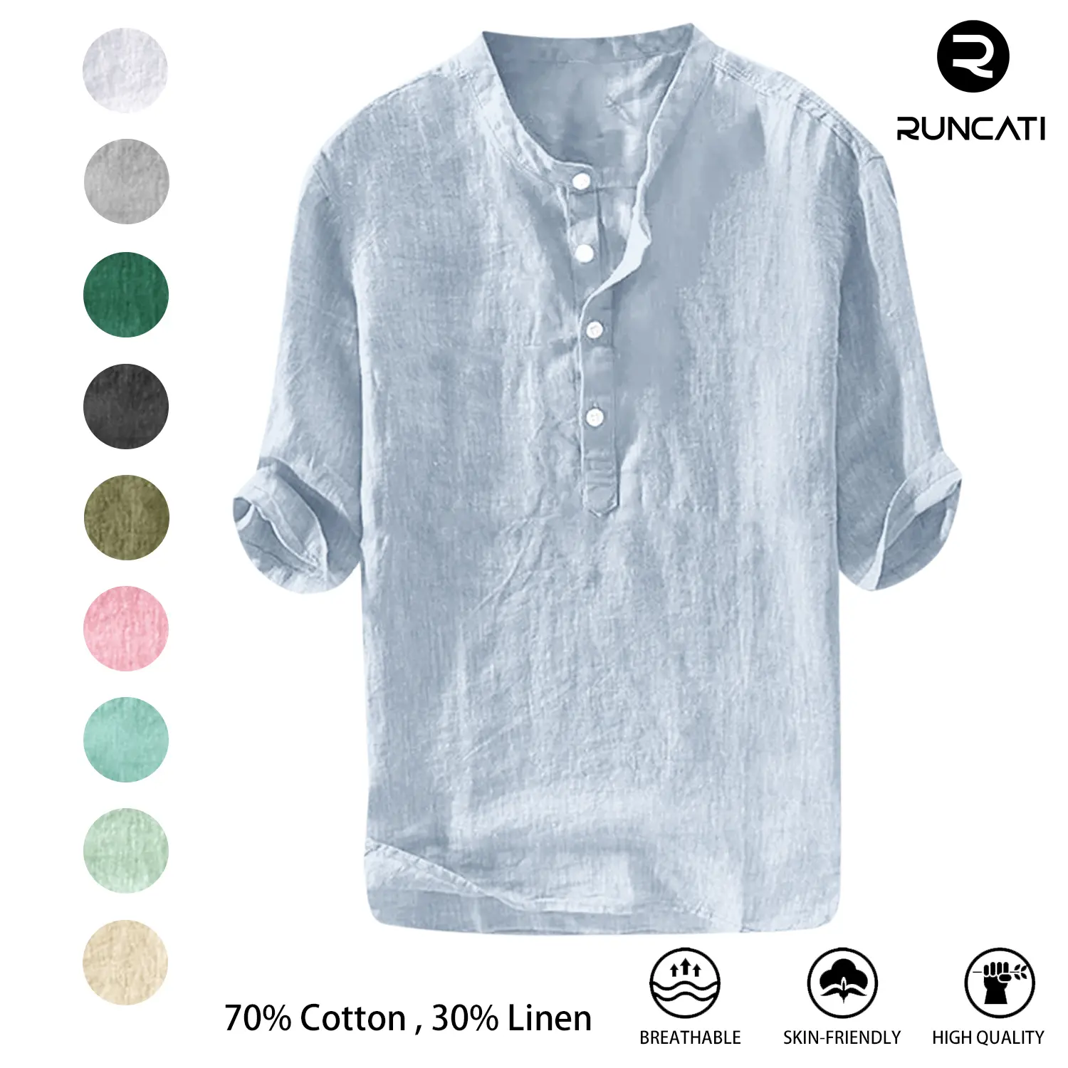 Runcati Mens 70% Cotton 30% Linen Shirts Casual Cotton 3/4 Sleeve Regular-Fit Henley T-Shirt Summer Lightweight Beach Yoga Tops