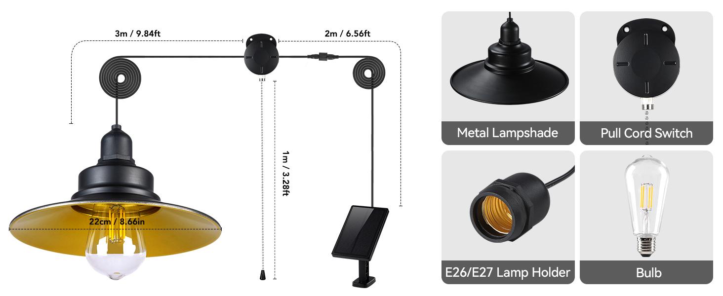 FabStyl Solar Pendant Light Indoor Outdoor, Solar Shed Light IP65 Waterproof Metal Powered Solar Chandelier, Gazebo Lights with Pull Cord for Garden, Chicken Coop, Gazebo, Barn, 2-Level Dimmable Warm White