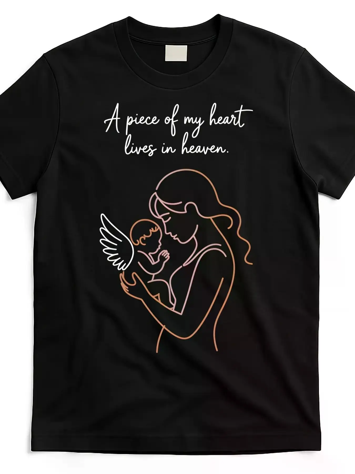 In Memory of Angel Babies - Comfort Cotton T-Shirt for Moms of Heaven - "A Piece of My Heart Lives in Heaven" Graphic Design - Casual Round Neck Short Sleeve Tee - Mother's Day Gift for Infant Loss Awareness, Sentimental Keepsake, Simple Yet Meaningful, D