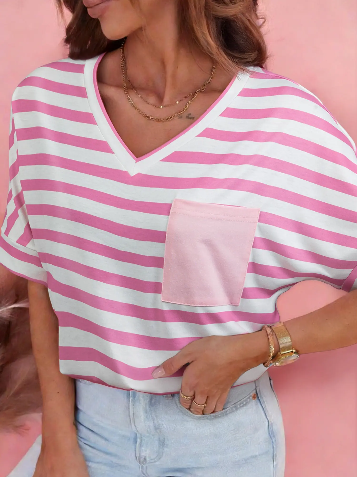 Stripe V Neck Patched Pocket Casual T Shirt, Patched Pocket Detail Adds Subtle Style With Practical Appeal.