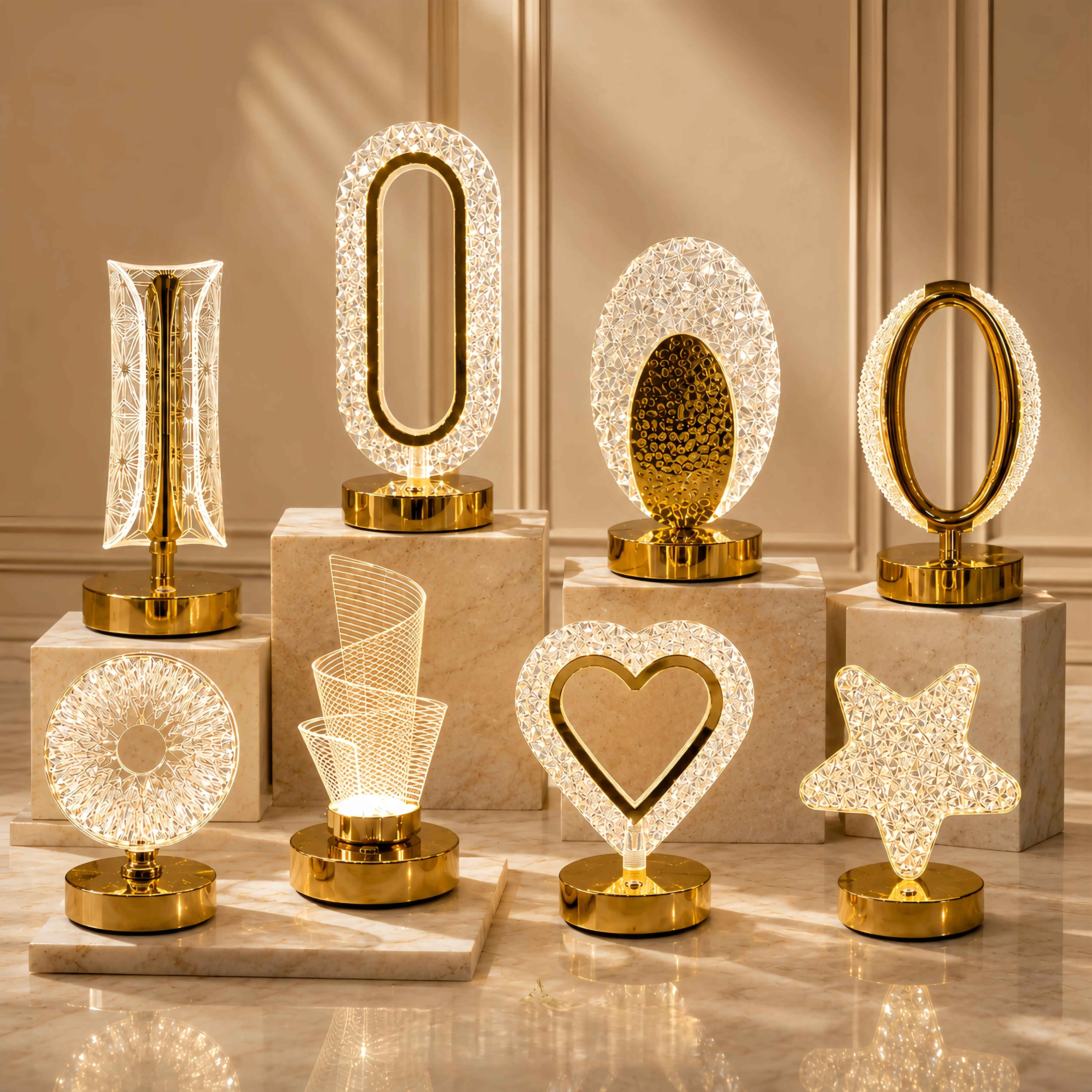 USB-rechargeable crystal LED desk lamp, 8 styles of decorative night lights, touch control, three-color dimmable acrylic night light, acrylic desk lamp with gold base—suitable for bedrooms, bedside tables, vanities, living rooms, home decor, and as gifts
