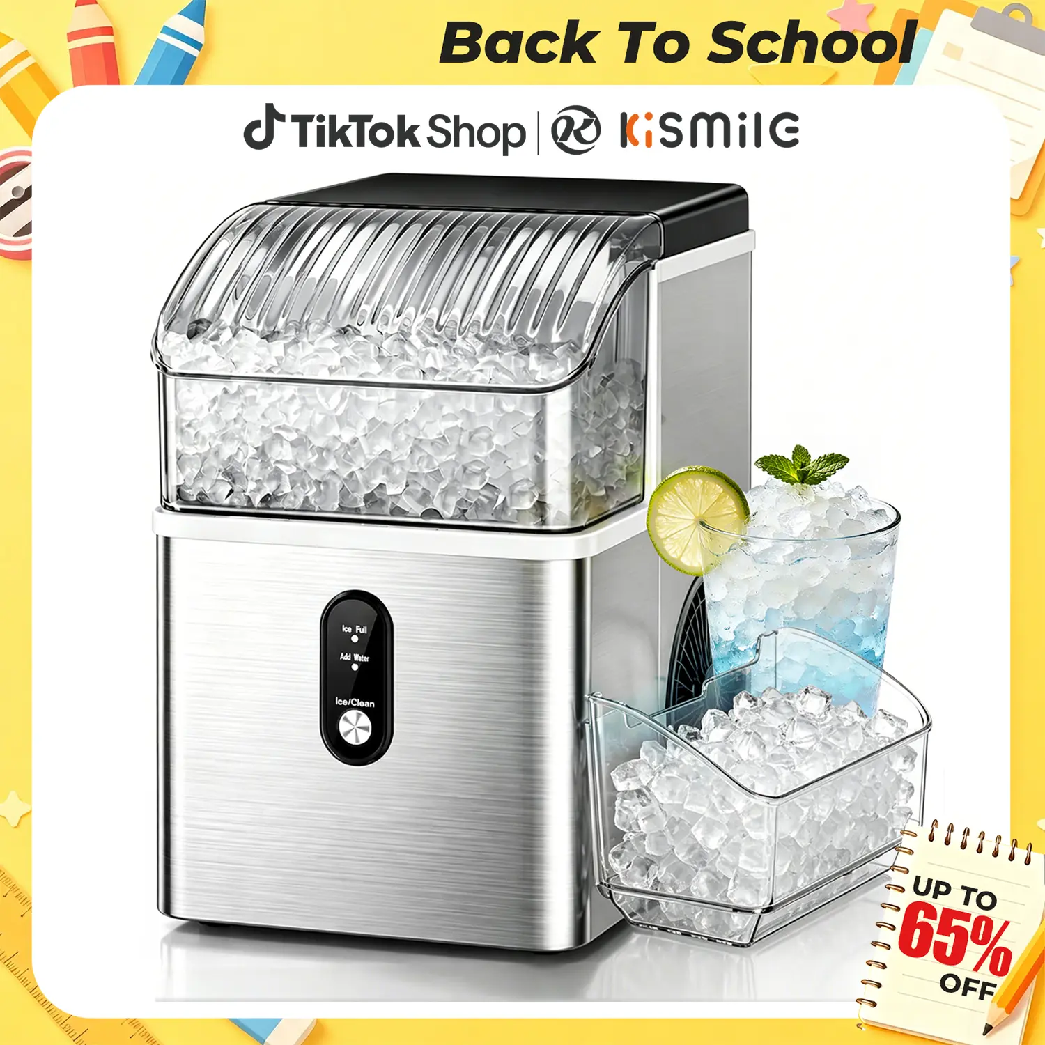 Back To School — Kismile Countertop Nugget Ice Maker Machine, Portable Unit with Ice Machine Cleaner, 35Lbs/24H Production, 7-Mins Quick Making, Self-Cleaning, 1-Click Operation for Home Kitchen, Office, 35 Pounds/24H,home essentials