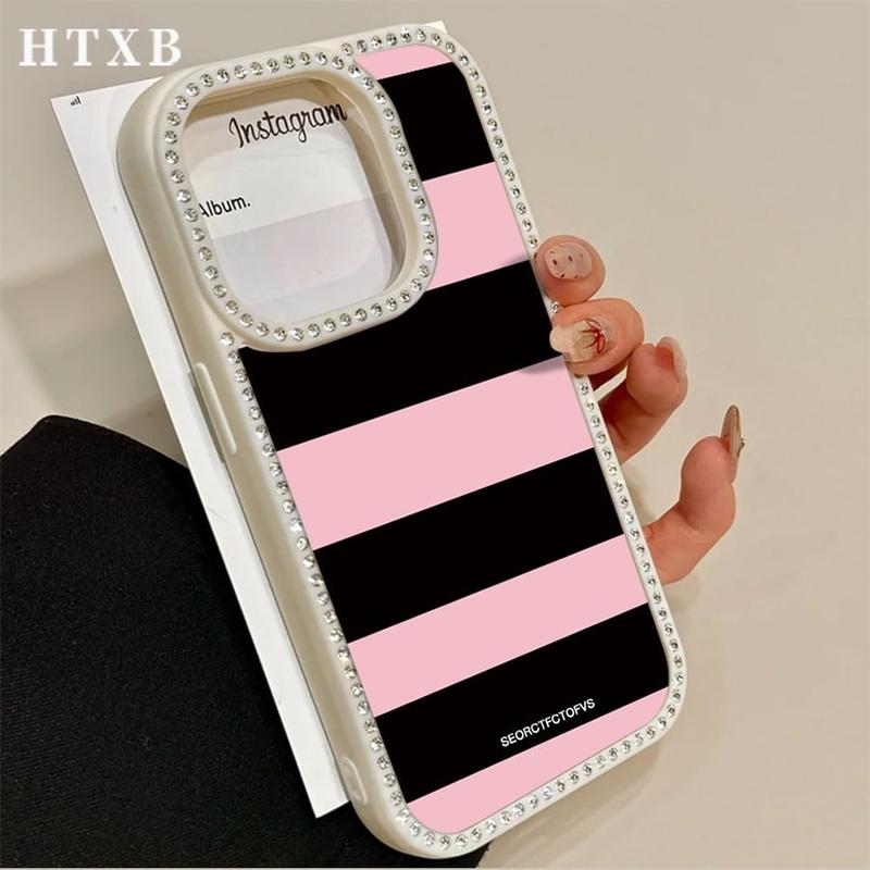 HTXB Pink And Black Striped Letters Pattern Double-Sided Diamond Transparent Mobile Phone Case Thin Light TPE Material For iPhone 17 Pro Air 16 15 14 13 12 11 Pro Max Plus Air 16e Christmas Valentine's Day Gifts